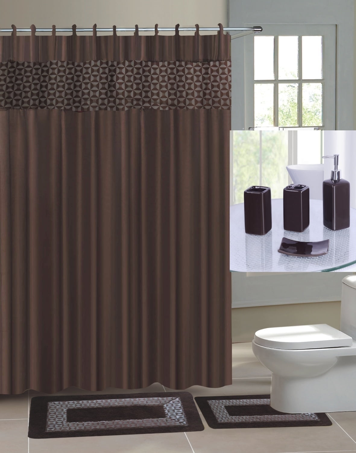 19 Piece Bathroom Set 2 Rugs Mats Non Slip 1 Fabric Shower Curtain 12 Fabric Rings 4 Piece Ceramic Accesories Different Styles And Colors For Home Bath Decor Diamond Brown Teal