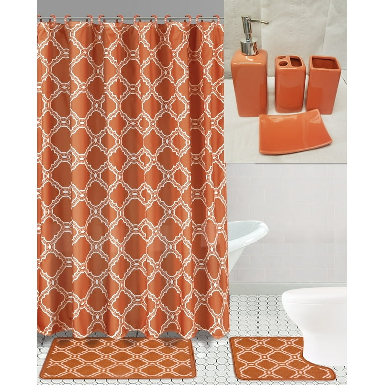 19 Piece Bathroom Set 2 Rugs Mats Non Slip 1 Fabric Shower Curtain 12 Fabric Rings 4PC Ceramic Accesories Different Styles And Colors For Home