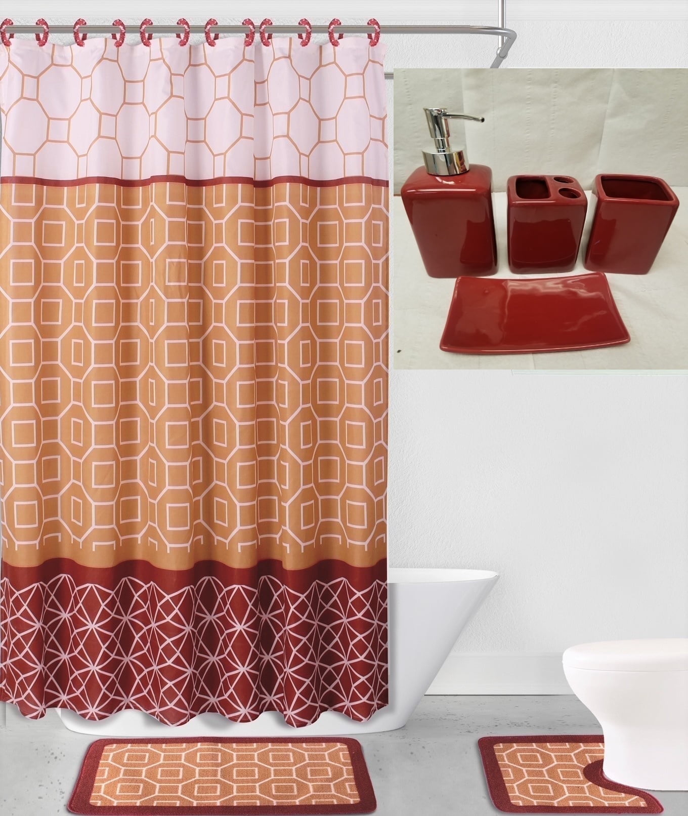 19-Piece Bathroom Set: 2-Rugs/Mats Non Slip, 1 Fabric Shower Curtain, 12-Fabric Rings, 4PC Ceramic Accesories Different Styles And Colors For Home Bath Decor Diamond Gold