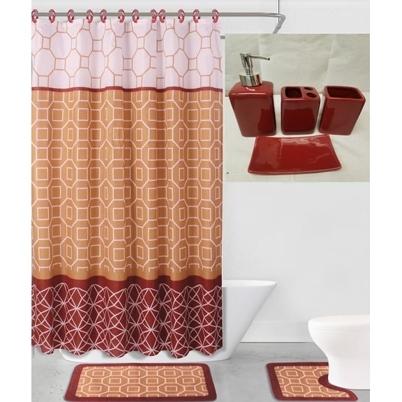 19-Piece Bathroom Set: 2-Rugs/Mats Non Slip, 1 Fabric Shower Curtain, 12-Fabric Rings, 4PC Ceramic Accesories Different Styles And Colors For Home Bath Decor Diamond Gold