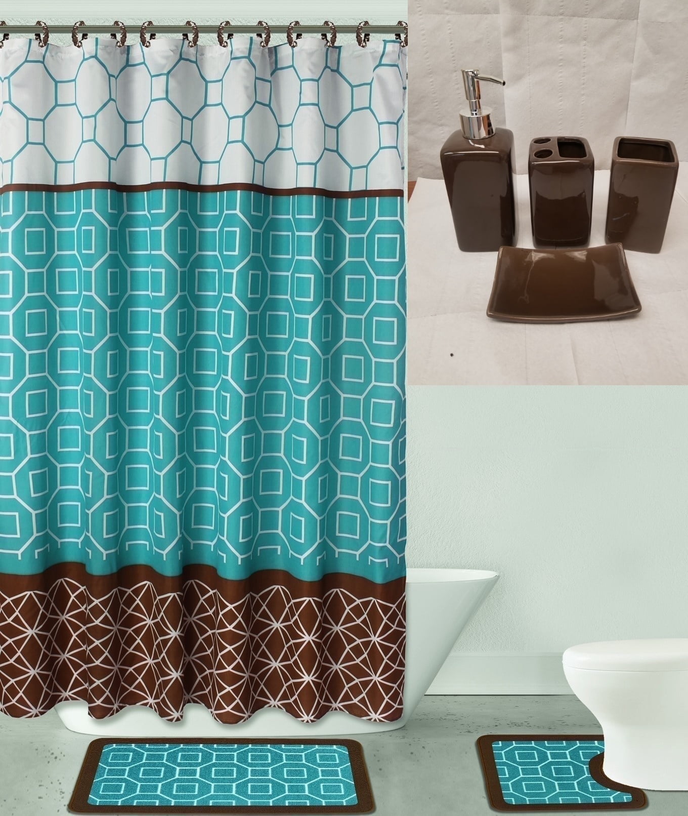 19-Piece Bathroom Set : 2-Rugs/Mats Non Slip, 1 Fabric Shower Curtain, 12-Fabric Rings, 4PC Ceramic Accesories Different Styles And Colors For Home Bath Decor Diamond Brown