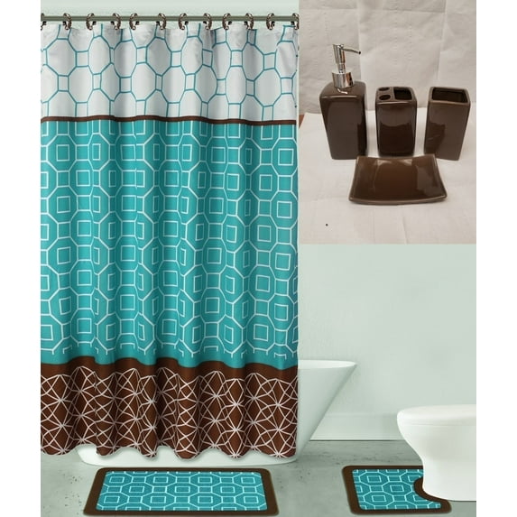 19-Piece Bathroom Set : 2-Rugs/Mats Non Slip, 1 Fabric Shower Curtain, 12-Fabric Rings, 4PC Ceramic Accesories Different Styles And Colors For Home Bath Decor Diamond Brown