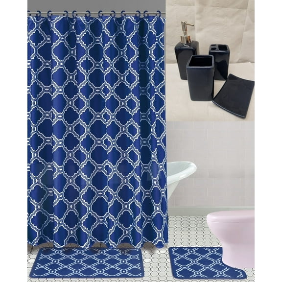 19-Piece Bathroom Set: 2-Rugs/Mats Non Slip, 1 Fabric Shower Curtain, 12-Fabric Rings, 4PC Ceramic Accesories Different Styles And Colors For Home Bath Decor Diamond Navy