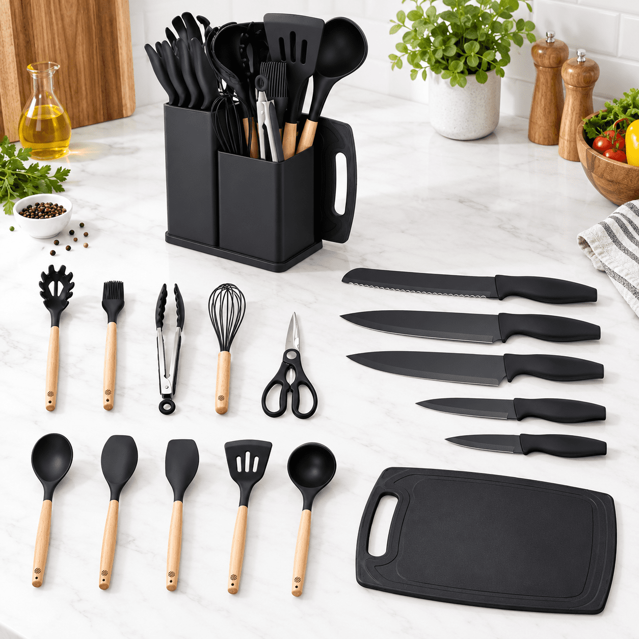 19-Piece Black Silicone Cooking Utensil Set with Wooden Handles for ...
