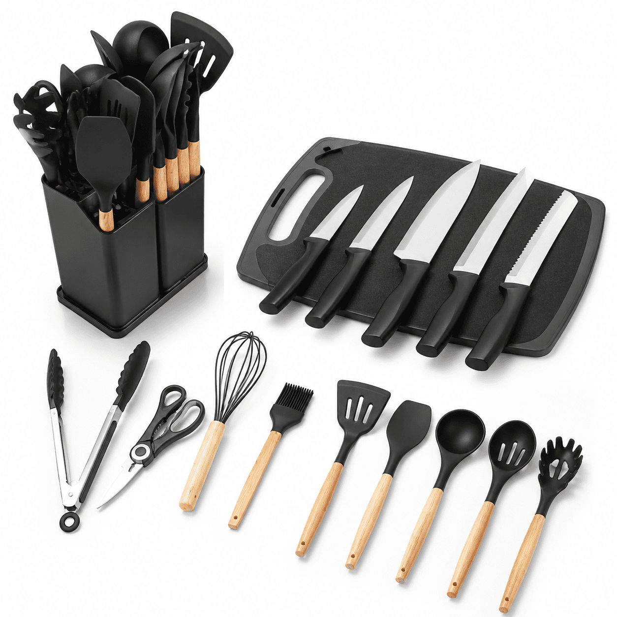 19 Piece Black Silicone and Stainless Steel Kitchen Cooking Utensil Set ...
