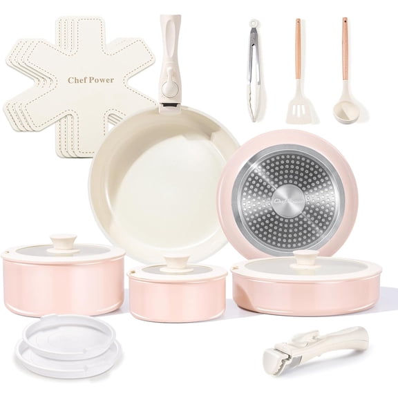 19 Piece Ceramic Nonstick Cookware Set with Detachable Handle Induction Dishwasher Oven Safe Light Pink