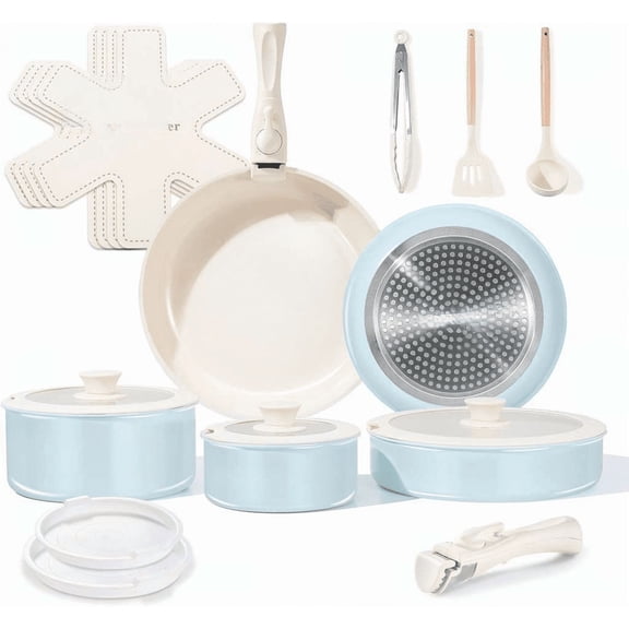 19 Piece Ceramic Nonstick Cookware Set with Detachable Handle Induction Dishwasher Oven Safe RV Kitchen Set Light Blue