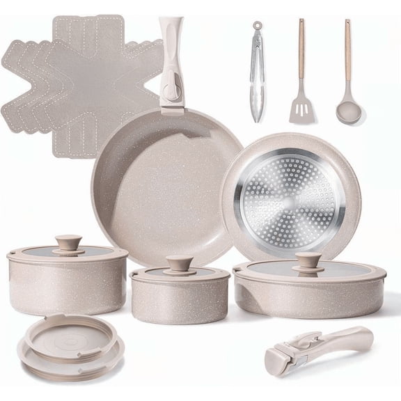 19 Piece Ceramic Nonstick Cookware Set with Detachable Handle Induction Dishwasher Oven Safe RV Kitchen Set Mocca Taupe