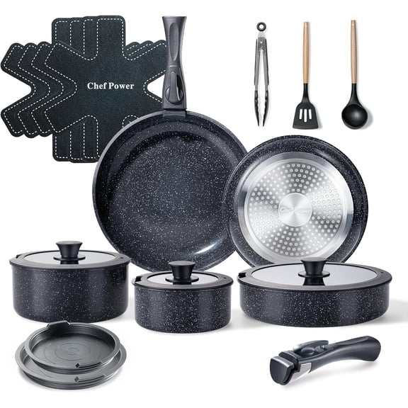 19 Piece Ceramic Nonstick Cookware Set with Detachable Handle Induction Dishwasher Oven Safe Rock Stone Black