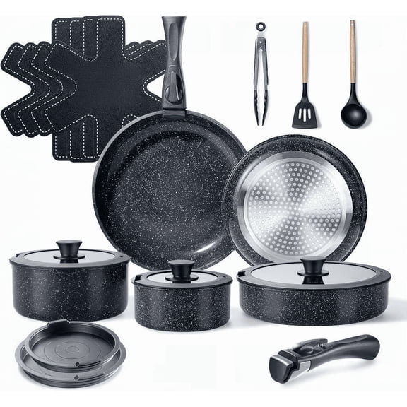 19 Piece Ceramic Nonstick Cookware Set with Detachable Handle Induction Dishwasher Oven Safe Rock Stone Black