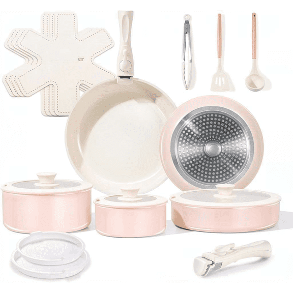 19-Piece Ceramic Nonstick Cookware Set with Detachable Handles Induction Dishwasher and Oven Safe Light Pink
