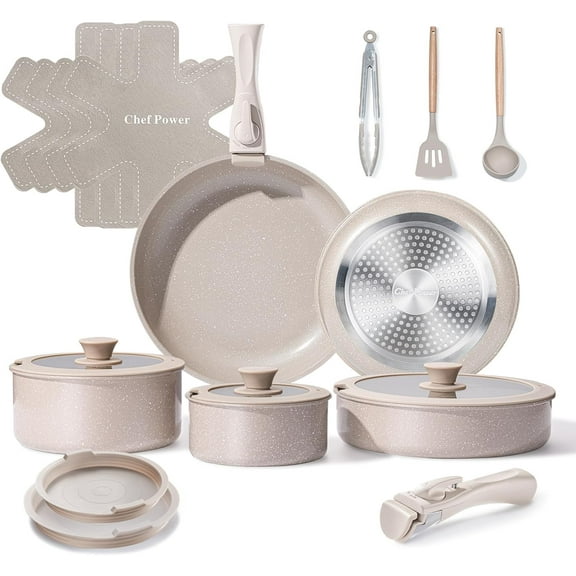 19-Piece Ceramic Nonstick Cookware Set with Detachable Handles, Induction and Oven Safe, Dishwasher Safe, Mocca Taupe