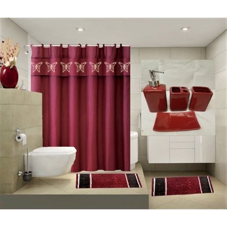 SAMIMPORT-2011 burgundy Ceramic Shower Curtain Set, 72.00" x 72.00" 19 Count