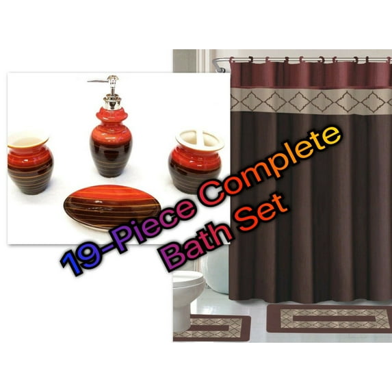 19-Piece Complete Bathroom Set Rugs Shower Curtain Hooks Ceramic All Included!!!