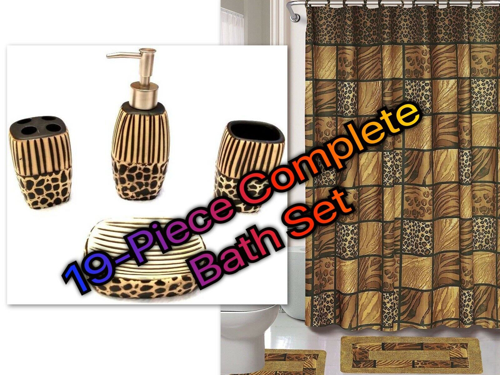 19-Piece Complete Bathroom Set Rugs Shower Curtain Hooks Ceramic All Included!!! - image 1 of 1