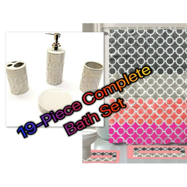 19-Piece Complete Bathroom Set Rugs Shower Curtain Hooks Ceramic All ...
