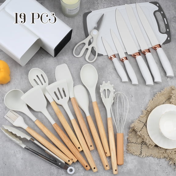 19-Piece Kitchen Knife and Utensil Set with Block, White Silicone Cooking Tools & Stainless Steel Knife Set, Heat Resistant & Non-Stick, Includes Cutting Board