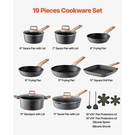 19-Piece Granite Coated Nonstick Pots and Pans Set – Black Induction Cookware for Modern Kitchens