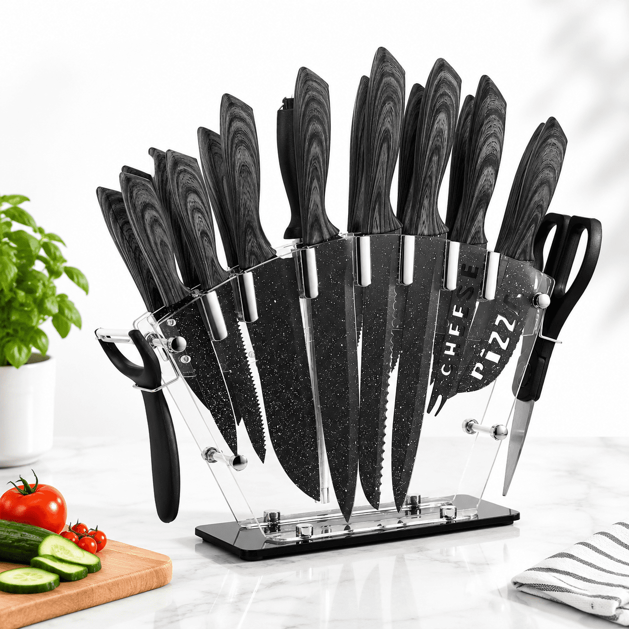 19-Piece Gray Kitchen Set with Block High Carbon Stainless Steel ...