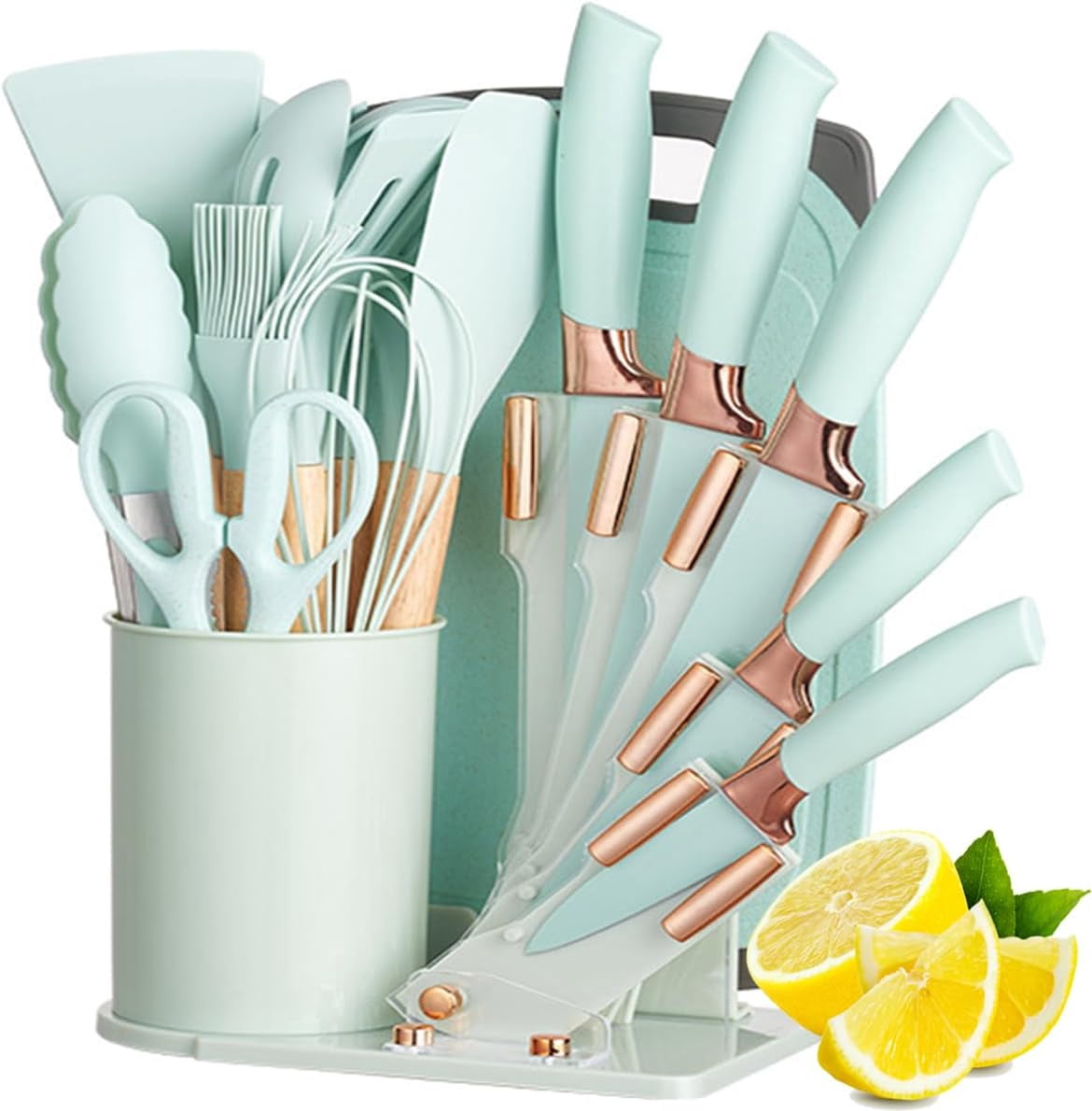 19-Piece Kitchen Cooking Utensils and Knife Set with Block, Light Green ...