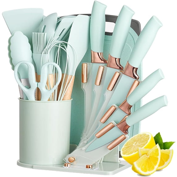 19-Piece Kitchen Cooking Utensils and Knife Set with Block, Light Green ...