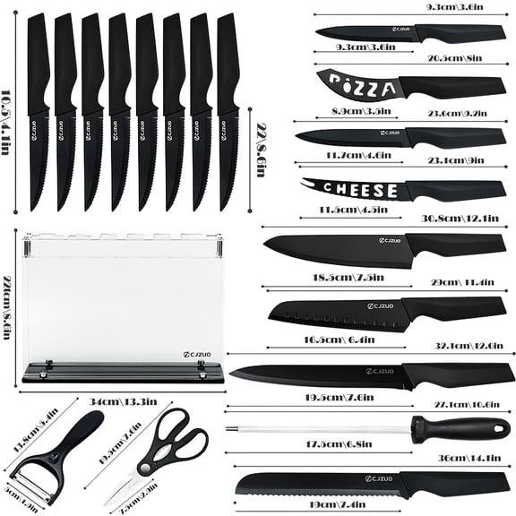 19-Piece Kitchen Knife Set, High Carbon Stainless Steel Sharp Knives with Serrated Steak Knives, Chef Knife, Bread Knife, Scissors, Sharpener Acrylic Stand, All-in-One Kitchen Set
