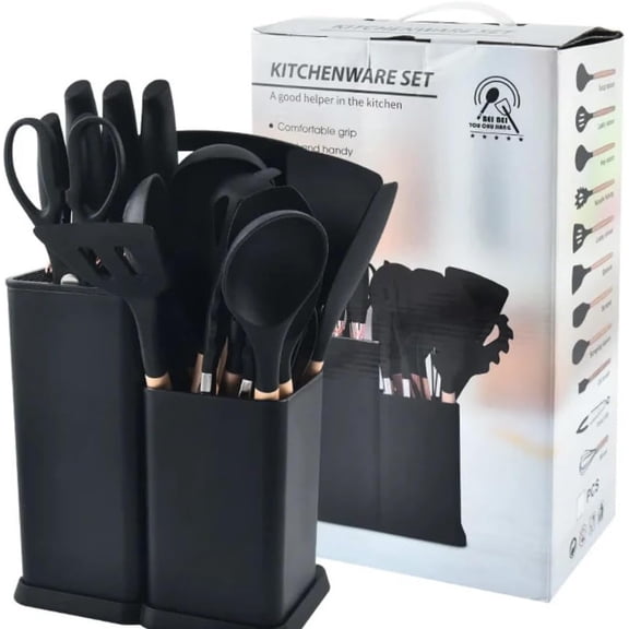 19 Piece Kitchenware Utensils and Knife Set,9 Piece Silicone Cooking Utensils- 5 Piece Sharp Stainless Steel Chef Knives- Scissors -Whisk Tongs and Cutting Board