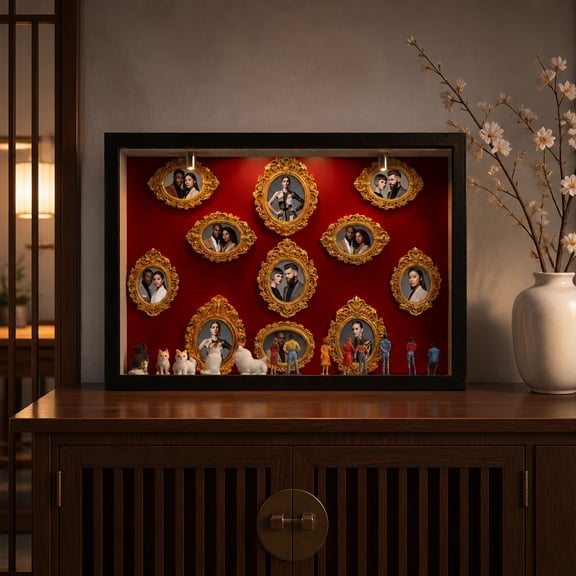 19-Piece Mini Museum Display Kit with LED Lights, DIY Shadow Box Set with 11 Gold-Toned Frames and 8 Mini Figurines, Collage Decor for Anniversary and Wedding Gifts
