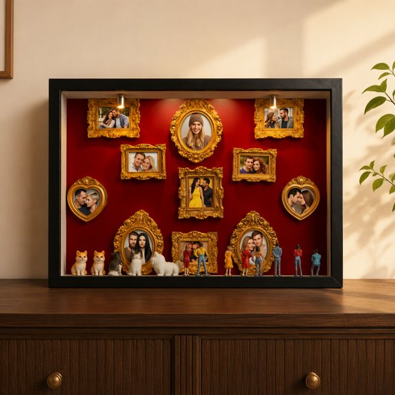 19-Piece Mini Museum Display Kit with LED Lights, Gold Frames and Mini Figurines, DIY Shadow Box Set for Anniversary, Wedding and Holiday Decor