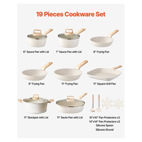 19 Piece Nonstick Cookware Set, Granite Pots and Pans, Induction Compatible, Kitchen Set with Lids & Protectors - White
