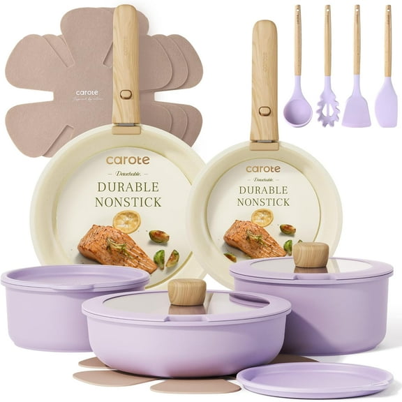 19-Piece Nonstick Cookware Set with Removable Handles Oven and Fridge Safe Induction Compatible Purple