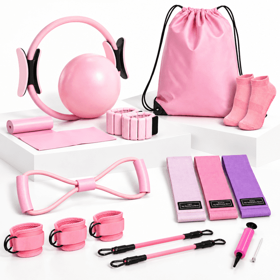 19-Piece Pilates Starter Kit for Home Workouts with Resistance Bands, Ankle Weights and Grip Socks