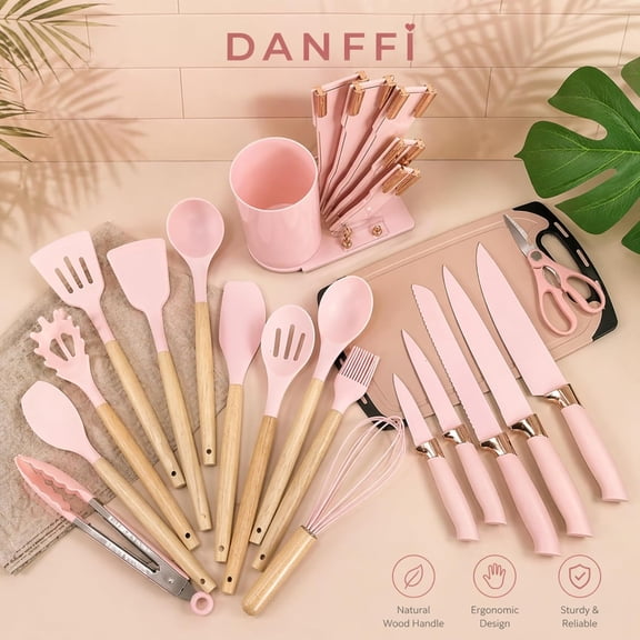 19-Piece Pink Kitchen Utensils Set with Knife Set & Cutting Board - Silicone Cooking Utensils with Wooden Handles, Rose Gold Accents