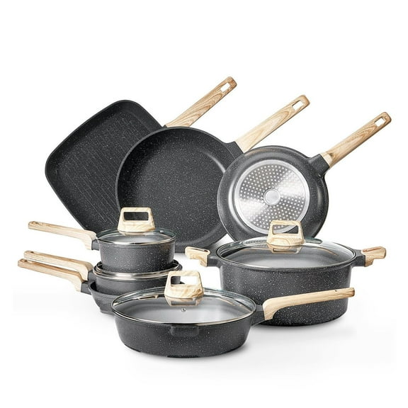 19 Piece Pots and Pans Set, Granite Nonstick Cookware, Induction Cookware Set, Kitchen RV Cooking, Frying Pans, Sauce Pans, Tempered Glass Lids, Black