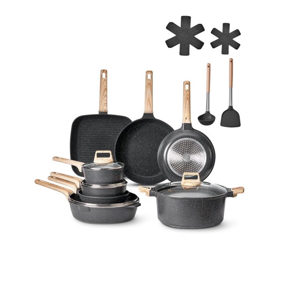 19 Piece Pots and Pans Set, Granite Nonstick Cookware, Induction Compatible, Kitchen RV Cooking Set with Lids & Protectors, Black