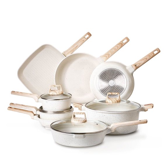 19 Piece Pots and Pans Set Nonstick, Granite Cookware Set, Induction Compatible, Kitchen Cookware Set with Lids & Protectors - White