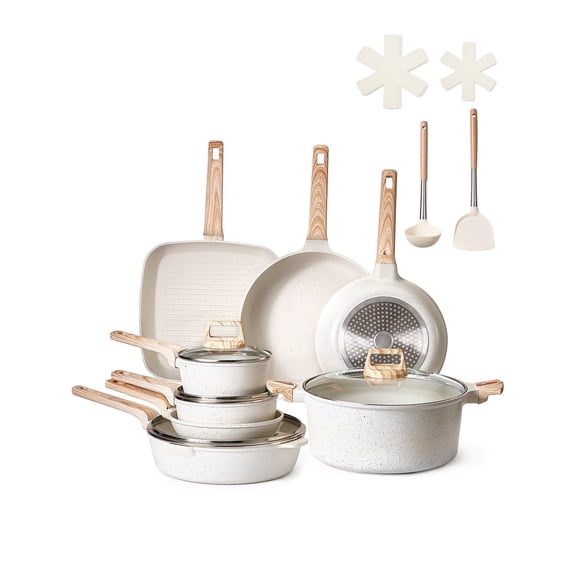 19 Piece Pots and Pans Set Nonstick, Granite Cookware Set - Induction Compatible, Kitchen & RV Cooking, Sauce, Fry Pans with Lids & Protectors, White