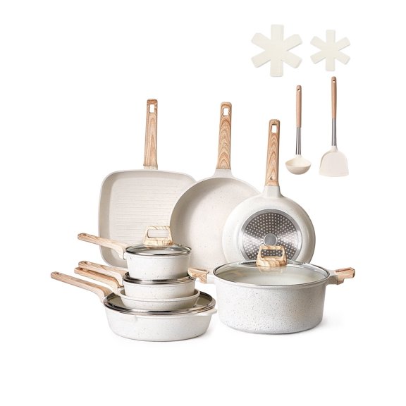 19 Piece Pots and Pans Set Nonstick, Granite Cookware Set - Induction Compatible, Kitchen & RV Cooking, Sauce, Fry Pans with Lids & Protectors, White