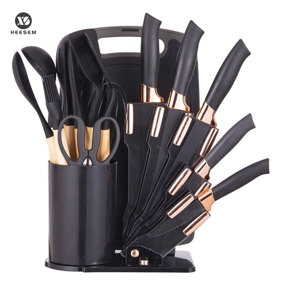 HEESEM 19-Piece Kitchen Utensil and Knife Set, Silicone Cooking Utensils with Wooden Handles, Stainless Steel Knife Block Set with Cutting Board-Black