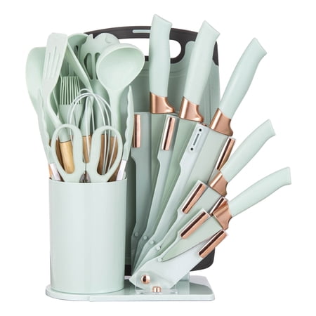 HEESEM 19-Piece Silicone Kitchen Utensil & Knife Set - Heat-Resistant Cooking Tools, Non-Stick Safe, Light-Green