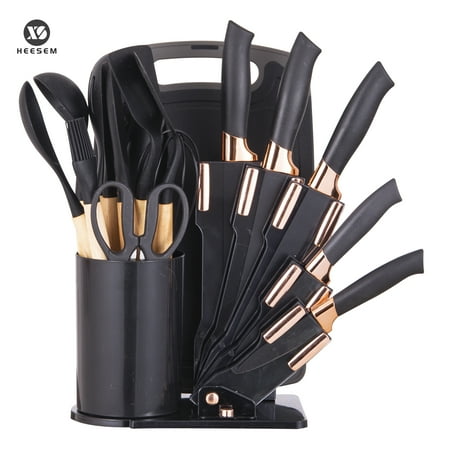 HEESEM 19-Piece Silicone Kitchen Utensil & Knife Set - Heat-Resistant Cooking Tools Non-Stick Safe Gift for Mom or Women Black