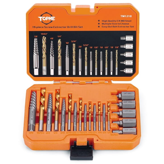 19 Piece Screw Extractor Set with Left Hand Drill Bits Chrome 6.42 x 4.68 x 1.93 Inches