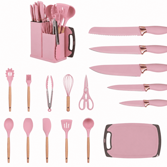 19-Piece Silicone Kitchen Utensil & Knife Sets - 446F Heat Resistant Cooking Tools Non-Stick Sets with Holder, Gift for Mom or Women (Pink)