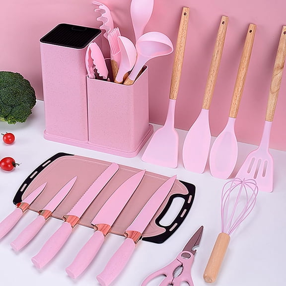19-Piece Silicone Kitchen Utensils Set with Wooden Handles and Knife Set, Non-Stick Heat Resistant Cooking Tools in Pink