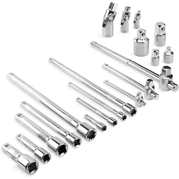 19 Piece Socket Extension Set, 1/4", 3/8" and 1/2" Drive Extension Bar, Universal Joint, Adapters and T-Bar, Universal Socket, Premium CR-V Steel Construction