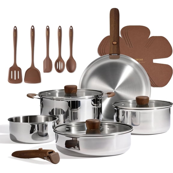 19-Piece Stainless Steel Cookware Set with Detachable Handles Induction Oven Safe