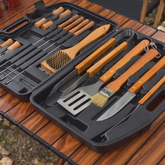 19 Piece Stainless Steel Outdoor Grill Set with Wooden Handle, Complete BBQ Tool Set with Storage Case, Rust Resistant Durable Grilling Tools, Grill Kit for Home Camping and Picnic