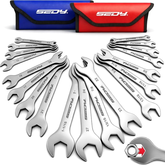19-Piece Super Thin Open-End Wrench Set, SAE 1/4"-1-1/16" & Metric 5.527 mm, 3 mm Thickness Slim Wrench Set for Tight Spaces, Nickel Plated Flat Wrenches with Red & Blue Rolling Storage Pouches