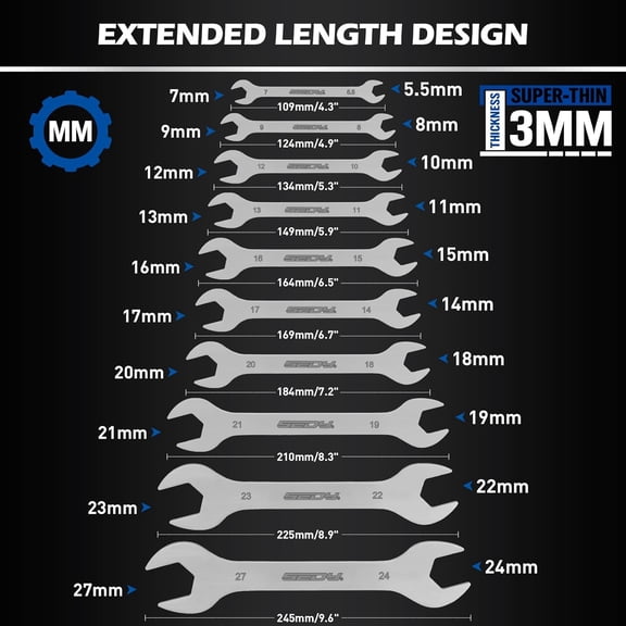 19-Piece Super Thin Open-End Wrench Set, SAE 1/4"-1-1/16" & Metric 5.5–27 mm