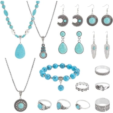 Bohemian Turquoise Jewelry Set - Vintage Necklace & Earrings, Handmade Natural Stone Boho Gift For Women